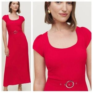 Reformation Laina Midi Dress Cap Sleeve waist Belt Lipstick Red Womens XS NEW